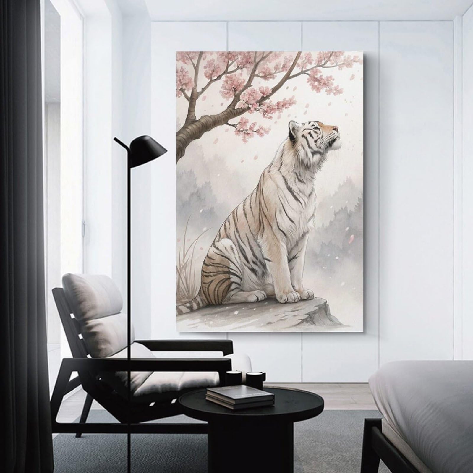 Junmoney White Tiger Under Cherry Blossoms Canvas Wall Picture, 08x12inch(20x30cm), for Home, Office, Studio Or Guest Room, A Flexible Wall Accent for Shared Spaces