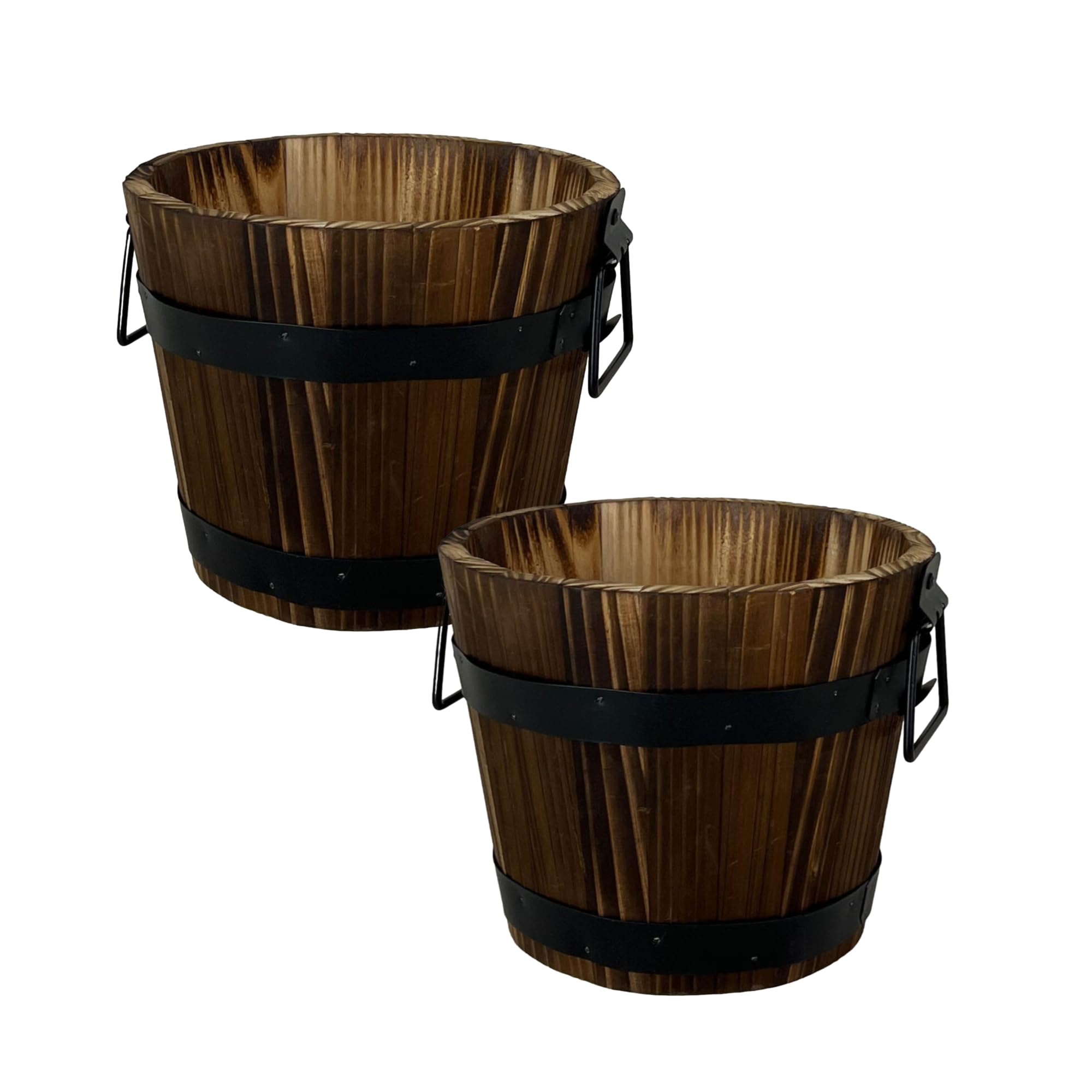 Fyne-Finds Natural Round Wooden Whiskey Barrel Planter 20Cm, 8Inch Garden Pot With Metal Handles Band Outdoor Tub Weatherproof Drainageholes (2)