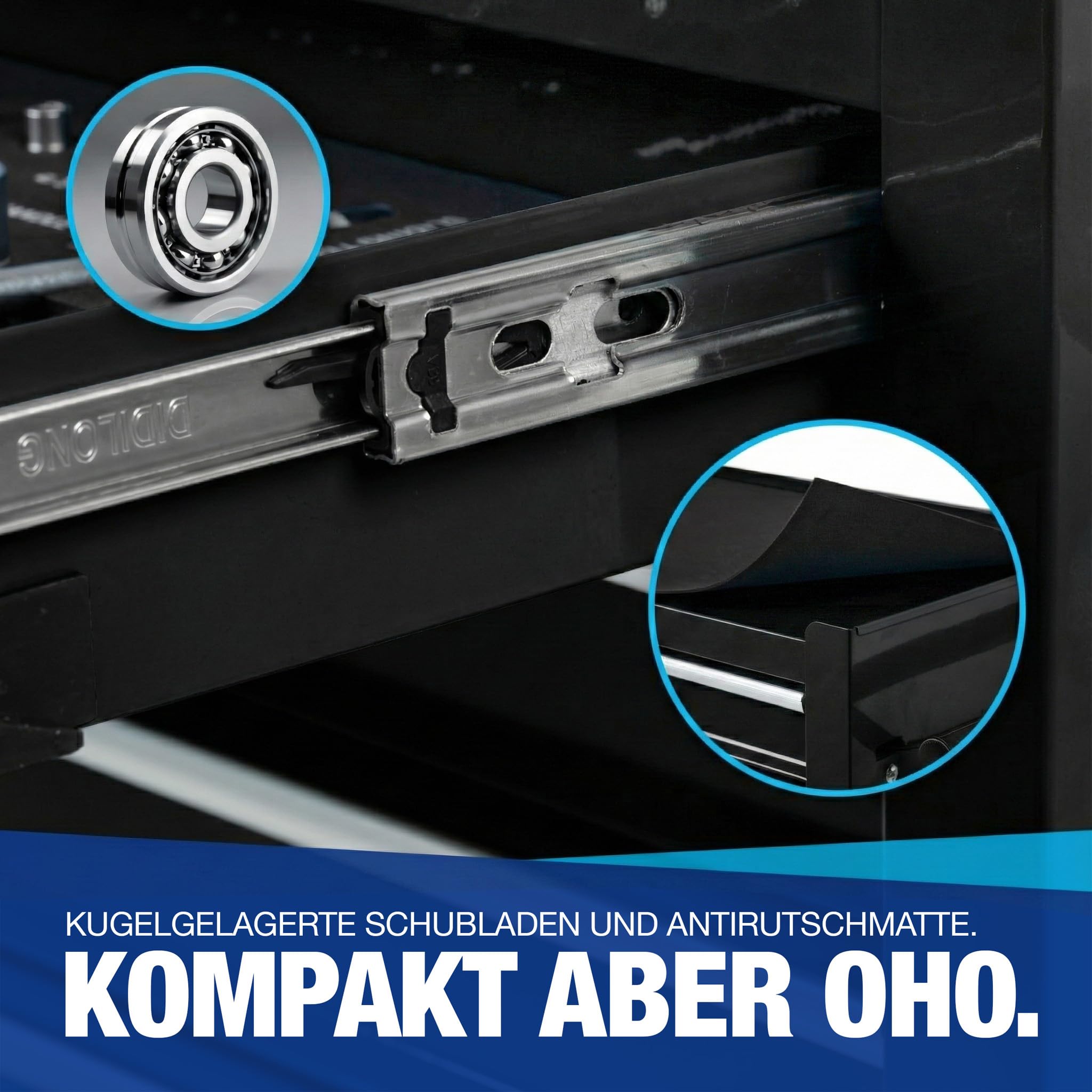 NTG WERKZEUGWAGEN GEFÜLLT MIT Werkzeug – Werkstattwagen mit 70-teiligem Werkzeug Set, 4 Schubladen & großem Fach – Kugelgelagerte Schubladen, Transportsicherung, Rollen und Feststellbremse – Schwarz