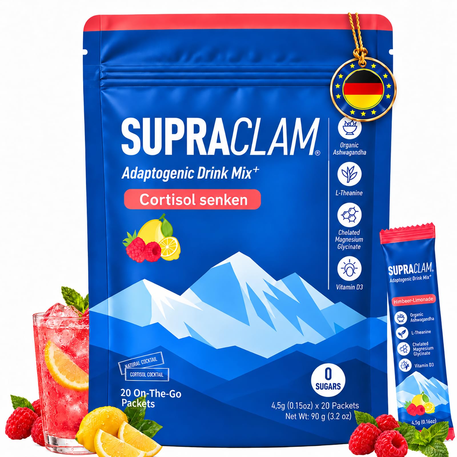 Jello Cortisol Cocktail Pulver, Cortisol senken Pulver zum Abnehmen, mit L-Theanin, Ashwagandha,Vitamin D3 & Magnesiumbisglycinat, für Entspannung & innere Balance - 20 Sticks Himbeer-Zitrone