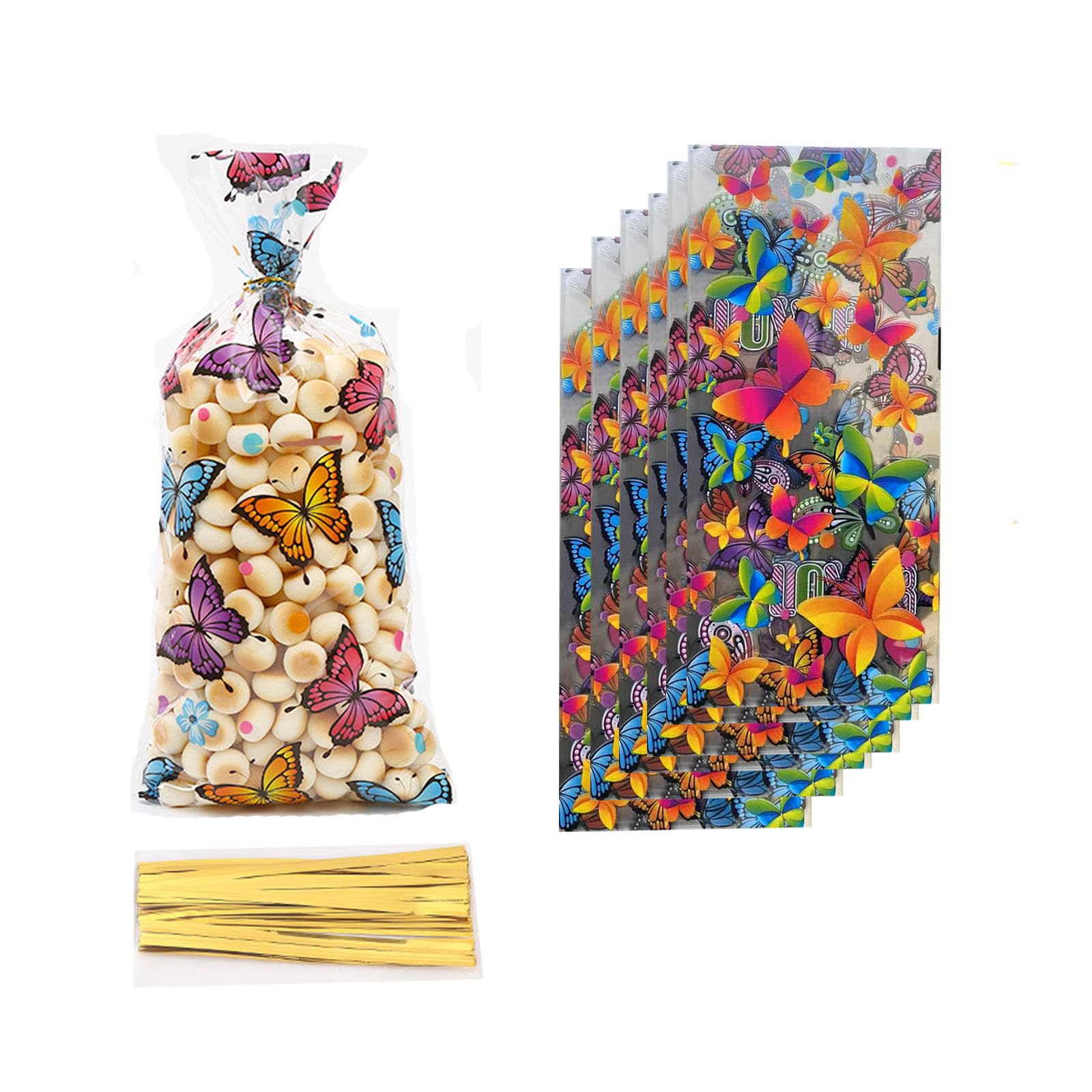 100 Pcs Butterfly Cellophane Treat Bags - Pink Watercolor Design With Twist Ties