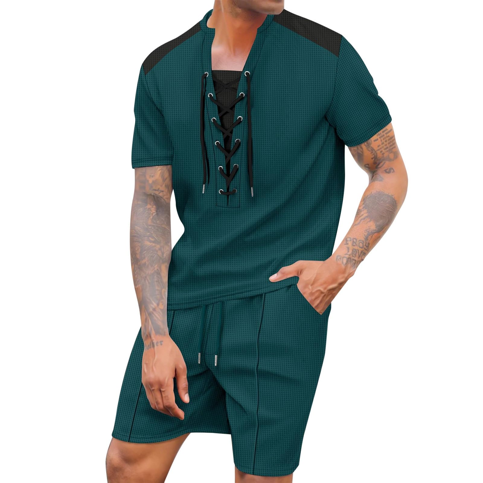 Ensemble vêtements décontractés hommes col rond et short vert L - 5