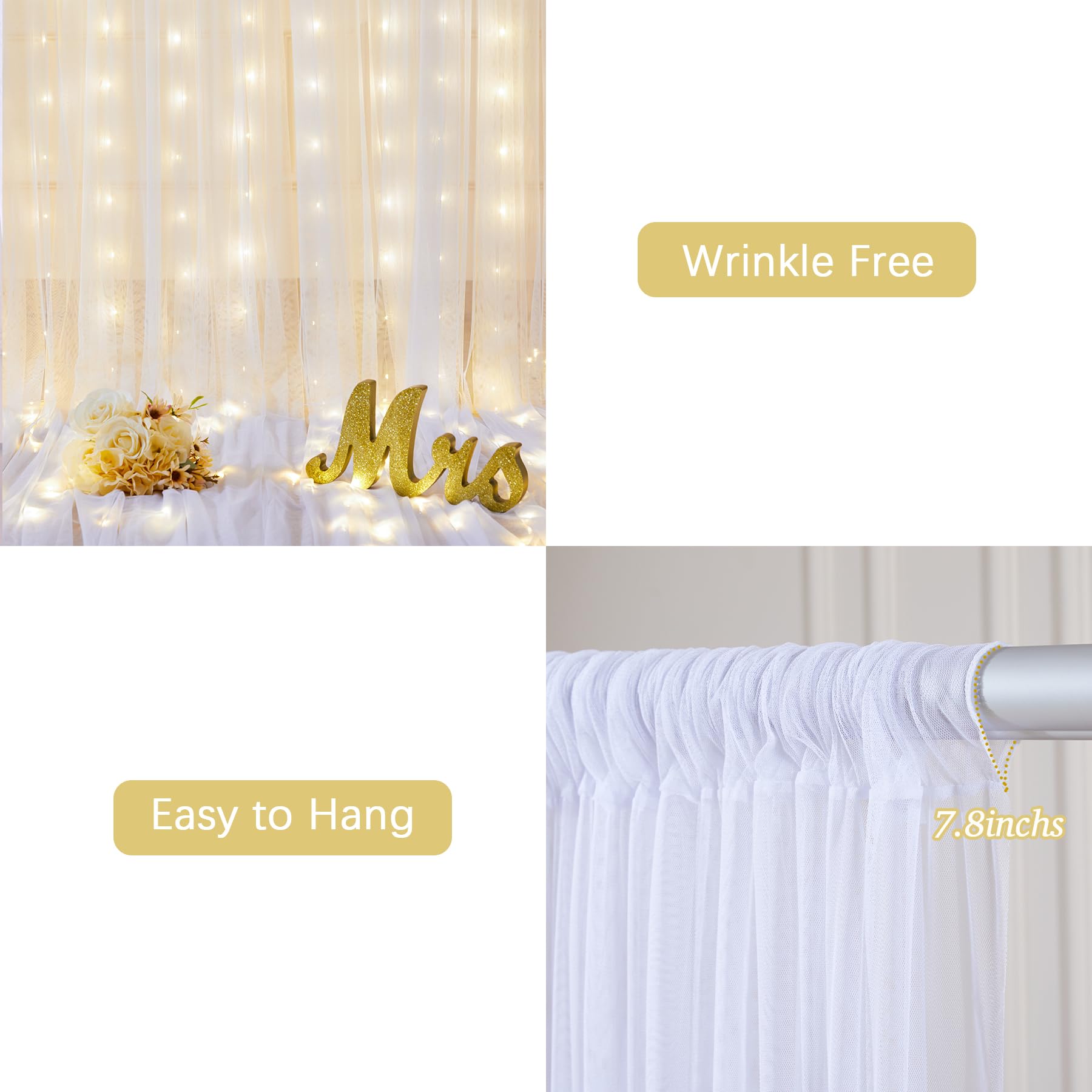 12,2 x 3 m weißer Tüll-Hintergrundvorhang mit Lichterschnur für Hochzeit, Brautparty, Dekorationen – faltenfreie, durchsichtige Vorhänge für Party, Babyparty, Fotohintergrund