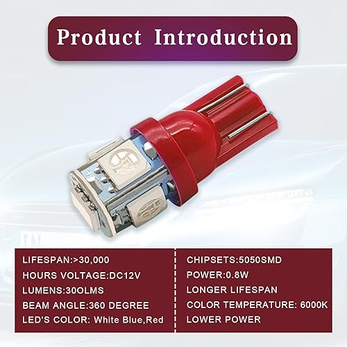 Miniatura 5 de 10 bombillas LED 194 de 6000 K, cuña T10, bombillas LED 5SMD 5050 chips, 168 T10 2825 5SMD DC 12 V bombillas de repuesto para cúpula de coche, mapa,