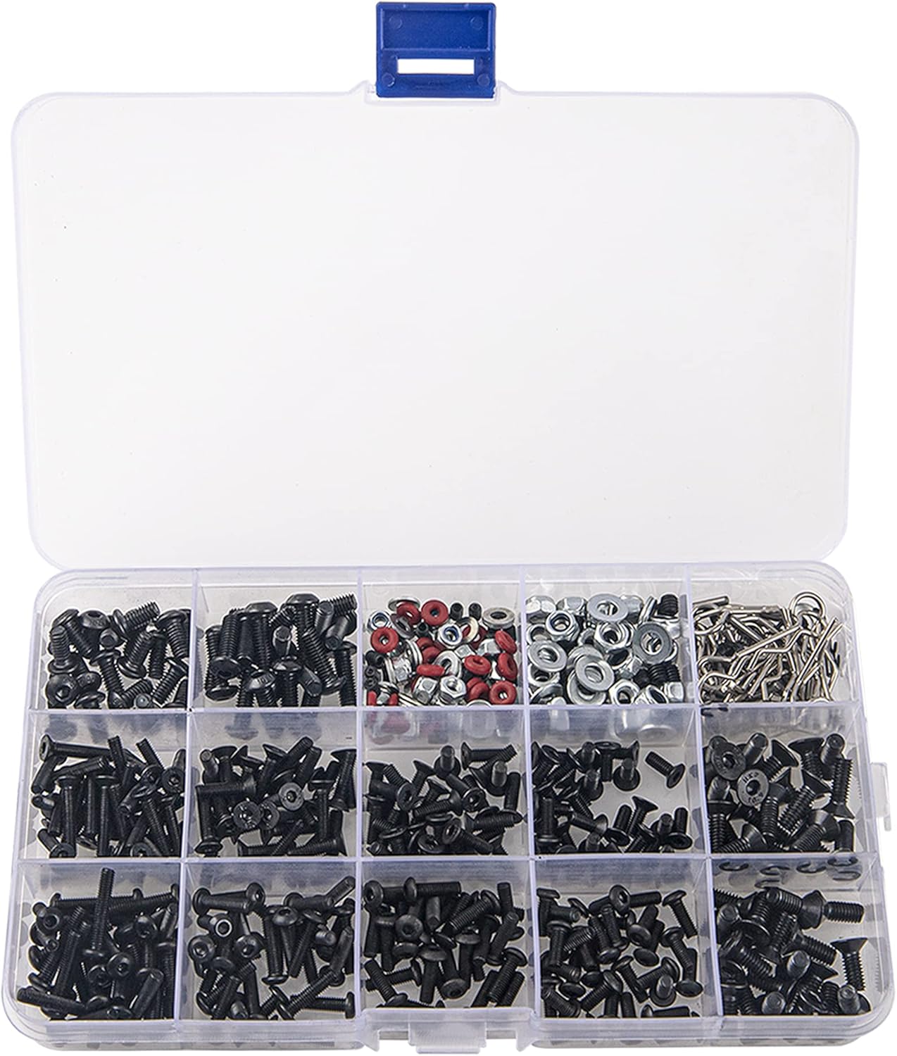520Pcs Universal RC M3 M4 Screws Kit M3 M4 Washer Lock Nut R Buckle Body Clips 2x10mm Pins Compatible with 1/8 1/10 HSP Axial SCX10 Traxxas Arrma Losi RC Car Truck Repair Tool Box