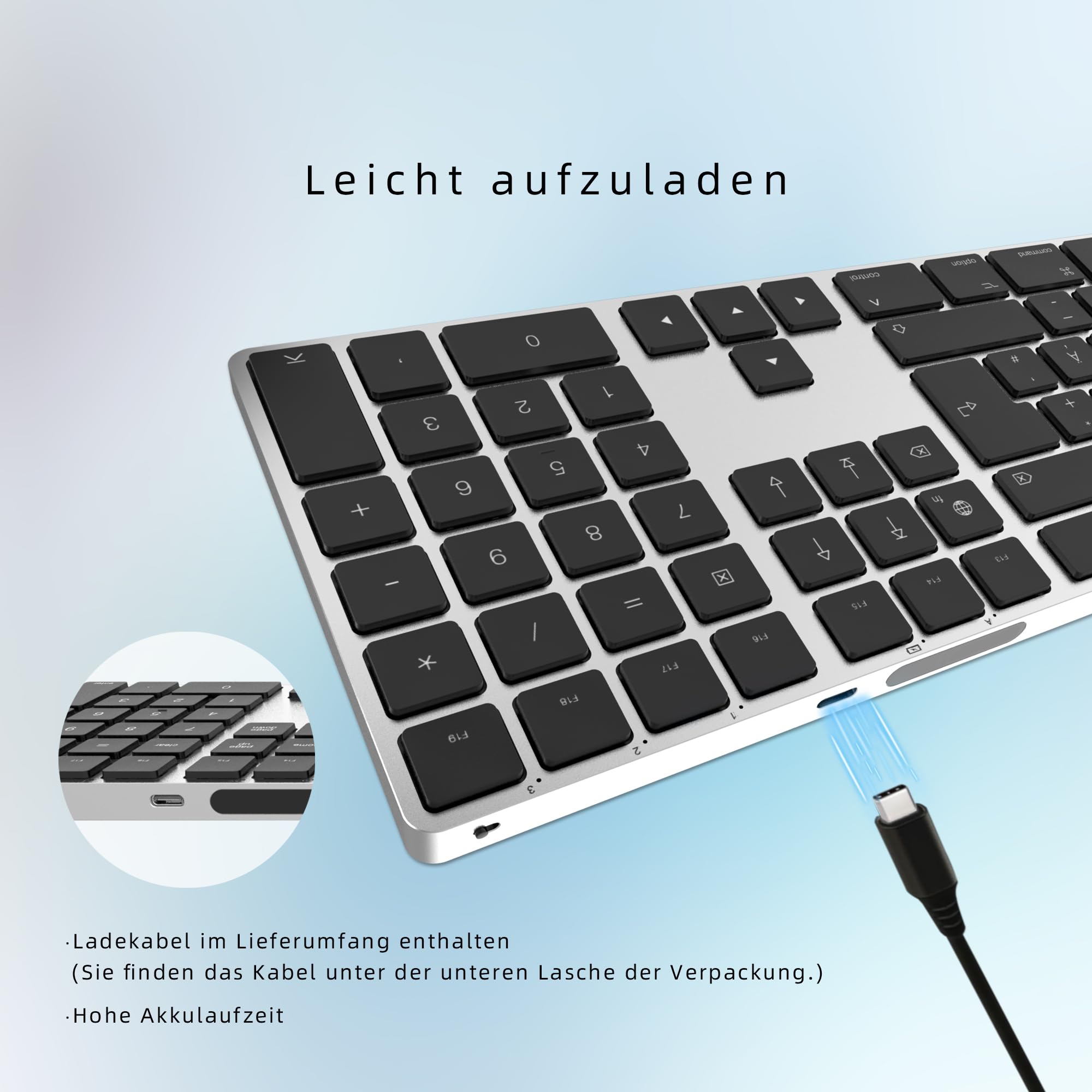 Bluetooth Aluminium Wireless Tastatur für Mac, Low-Profile und leise Tasten für Multi-Device Kompatibel mit Apple iMac, MacBook, Mac und iPad, wiederaufladbarer Akku, Silber Schwarz - KB-K2-SV-DE