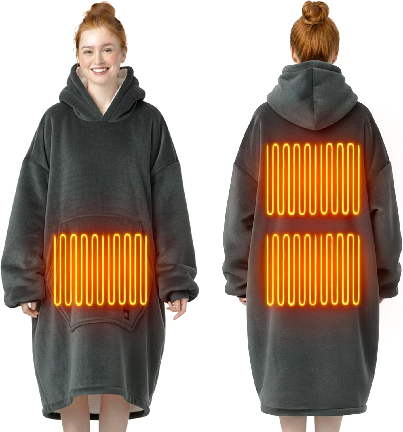 Dark Grey Wearable Heated Blanket Hoodie, Flannel & Sherpa USB Heated Hooded Blanket, Oversized Hoodie Sweatshirt with Pocket, 3 Heating Levels for Man Women Christmas Birthday Gifts, No Battery Bank