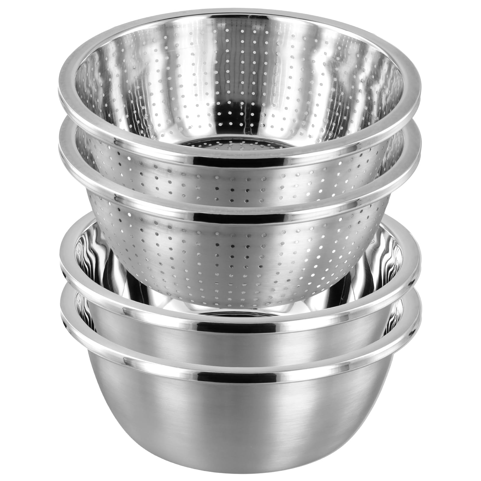 Set di 4 Colino e Ciotola in Acciaio Inox 26 cm, Scolapasta Impilabile per Riso Pasta e Verdure, Argento
