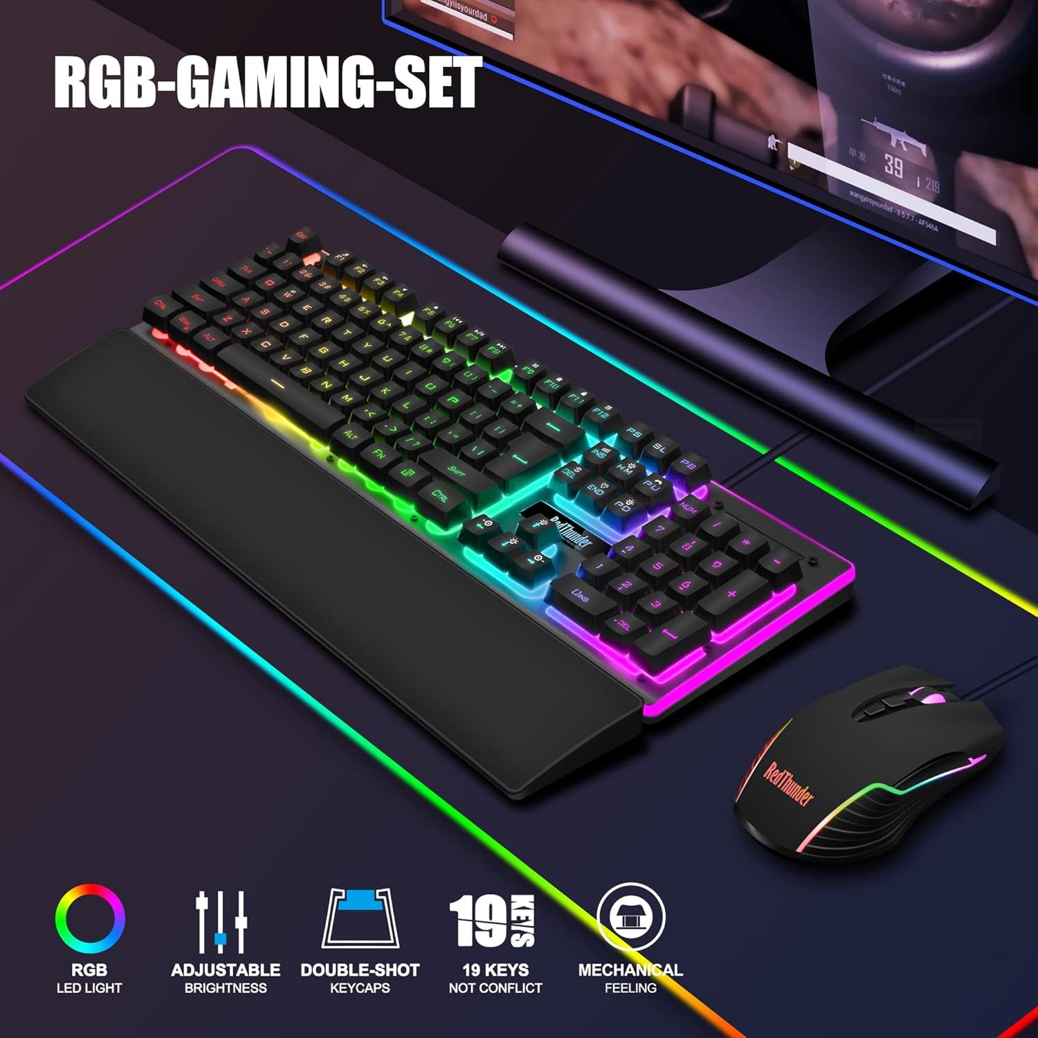 Set tastiera e mouse da gaming, K10 layout QWERTZ DE, piastra in metallo e poggiapolsi, retroilluminazione RGB e 7D con ergonomico, per PC gamer (nero)