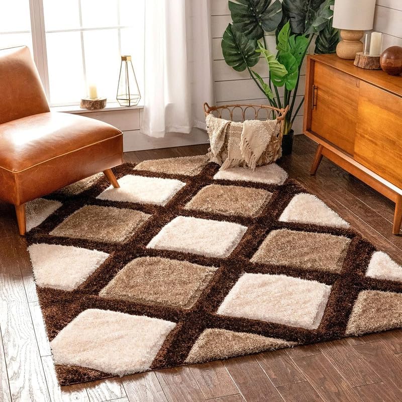 Image of Carpet for Living Room 5X7 FEET Modern Soft Shaggy Carpet Thick, Fluffy & 2 inch Pile Shag Rug for Your Kids Room, Bedroom & Livingroom (Brown Black)