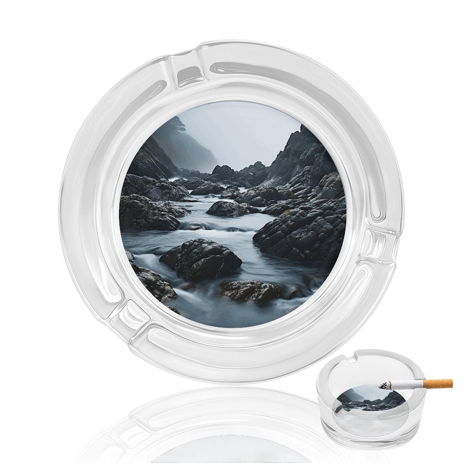 Fekiloot Men's Style Foggy Rocks In Water Glass Ashtray For Cigarette Cigar,Cigarette Ashtray For Indoor Or Outdoor Use,Cigar Ashtrays With 3 Notches-Glass Decor Gift For Smokers
