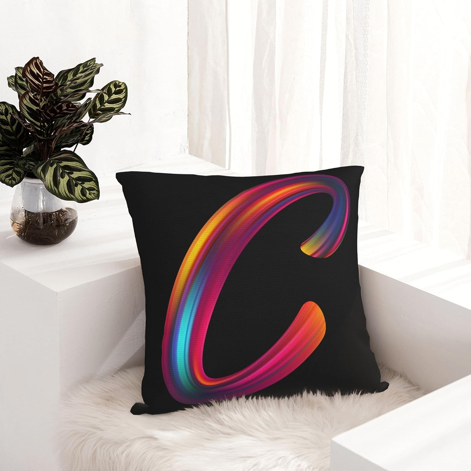 Letter Style Square Throw Pillow Covers 18 x 18 Inch, Novelty Colorful Initial Letter Design Pillowcase Decorative Cushion Cover for Bedroom Office Couch Sofa Chair, Rainbow Letter C image 4