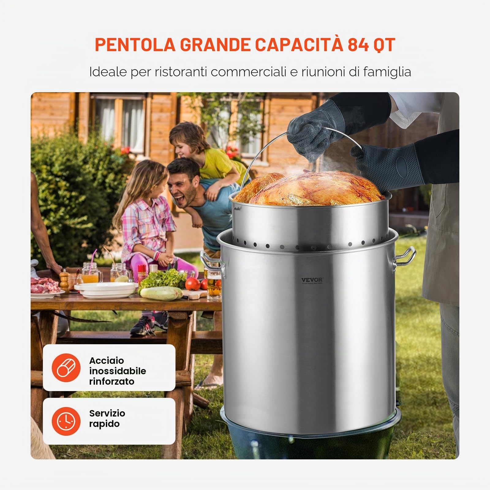 VEVOR Pentola in Acciaio Inox, Pentola per Salse con Cestello 94,6 L, Coperchio e Manico, Pentola Resistente di Grado Commerciale, Trattamento di Macinazione, per Eventi di Grandi Gruppi, Argento