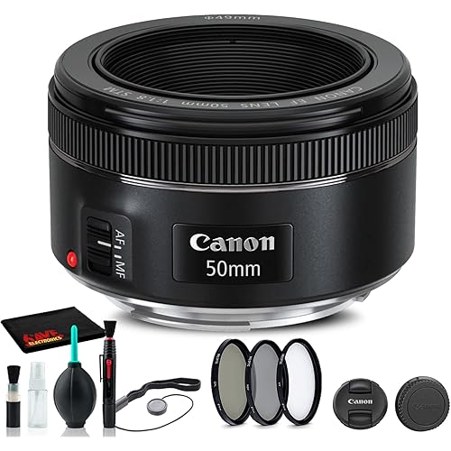 Canon EF 50mm f/1.8 STM Lens (0570C002) + Filter Kit + Cap Keeper + Cleaning Kit + More (Renewed)