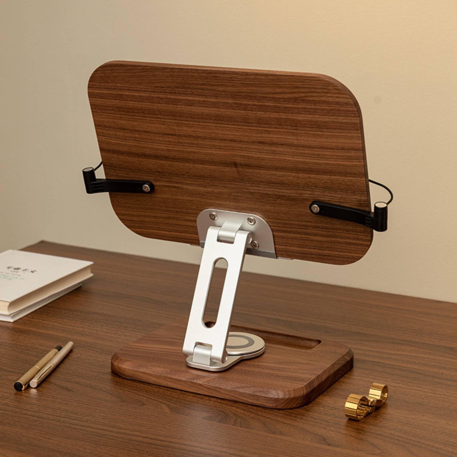 de Lecture Support Livre Lutrin Porte Livre Repose Livre en Noyer Ergonomique avec Bras Réglable en Alliage d'Aluminium et Système Rotatif 360 Pinces