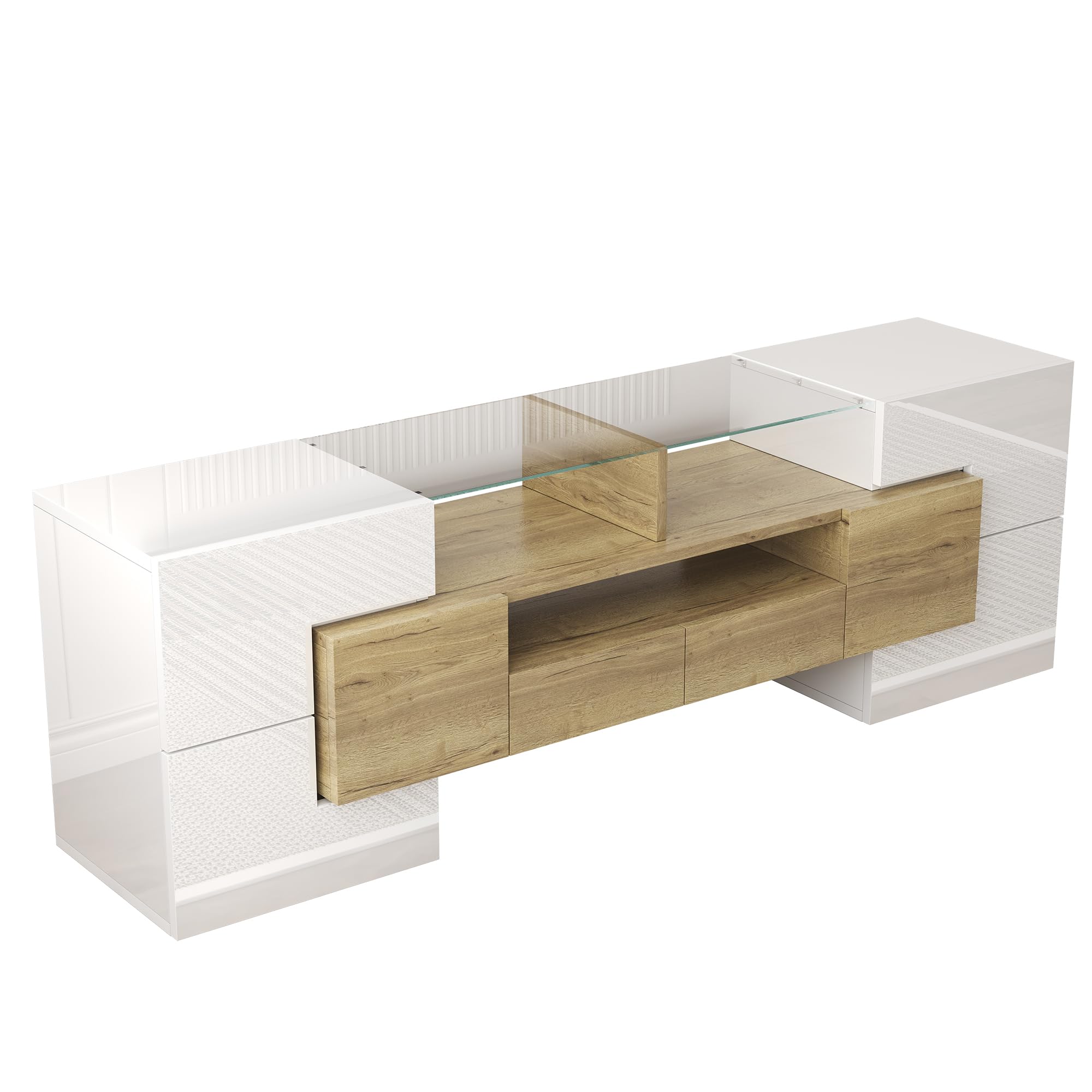 Elegante mueble de TV de 145 cm, color blanco brillante, bancos de TV con iluminación LED y tablero de cristal para salón, diseño moderno (blanco y color madera, 145 cm)