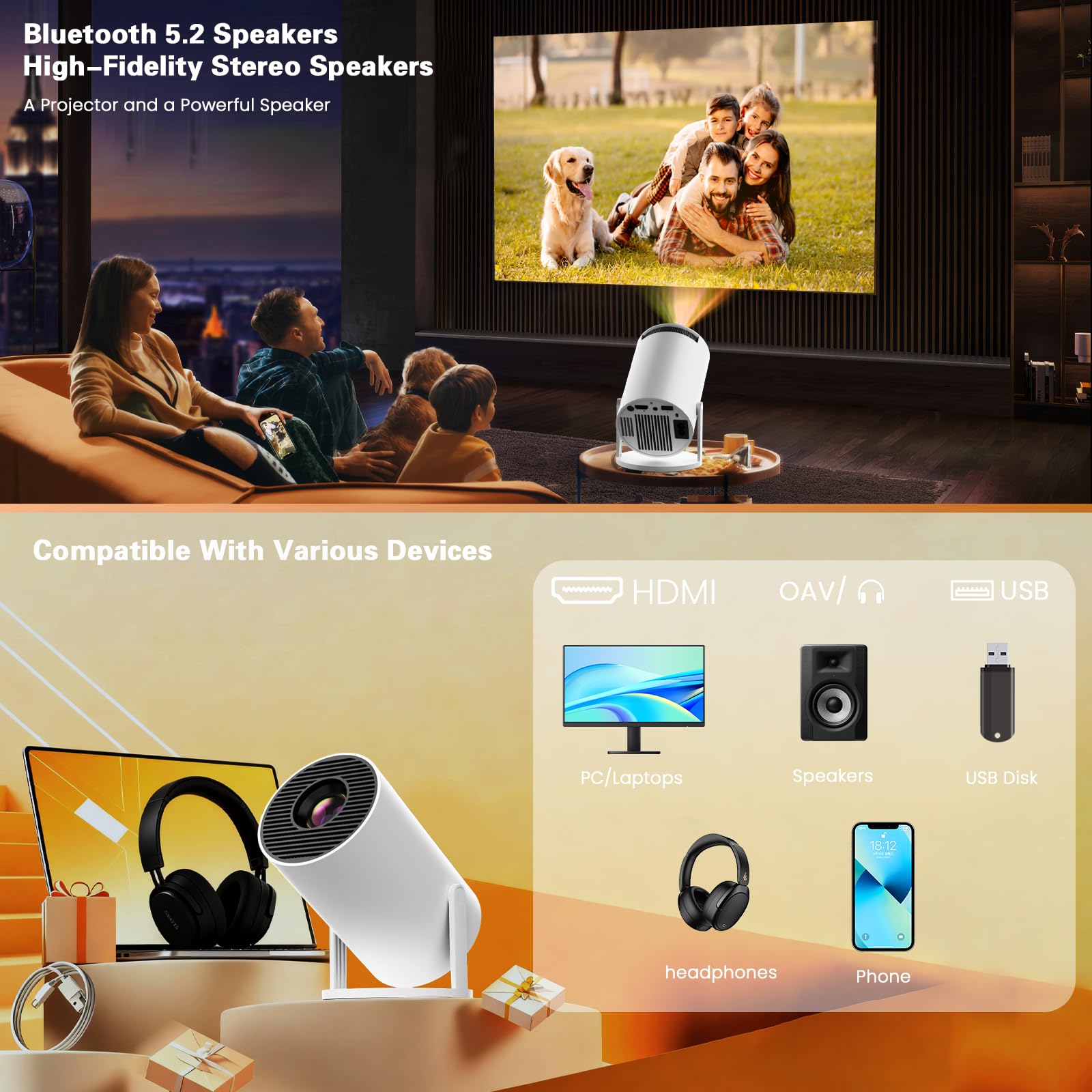 [App intégrée] Vidéoprojecteur 4K 1080P, Mini Projecteur Portable 180° Rotation WiFi 6 BT 5.4, Projecteur Full HD 1080P Auto Correction Trapézoïdale Horizontale