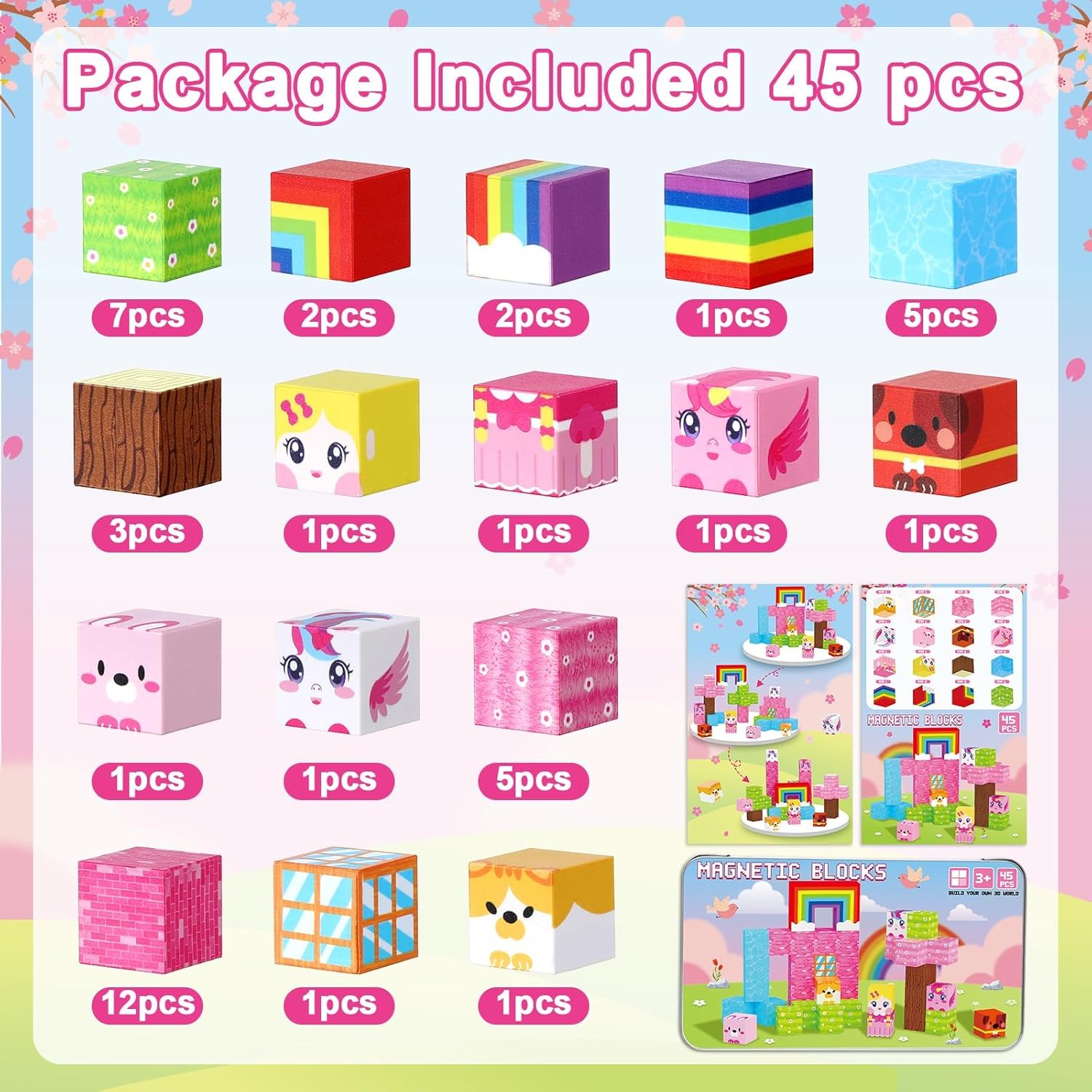 QOUBAI 45PCS Mini Magnetic Building Blocks Travel Toys, Magnet Cubes Tiles Set with Case, Birthday Classroom Learning Gifts for Kids Toddlers, Boys & Girls Ages 3-8 (Unicorn Rainbow)