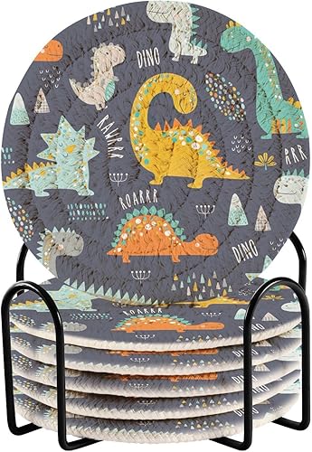 Coasters with Holder Set of 6 Coasters for Drinks Absorbent Coasters for Office Posavasos para Mesa Cute Funny Colorful Dinosaurs