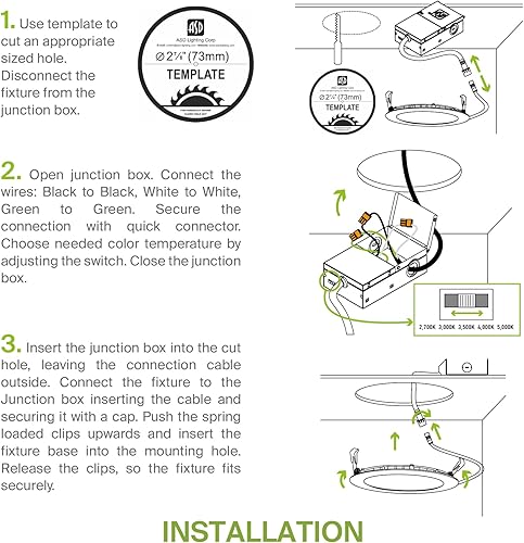 Miniatura 8 de ASD Luz LED empotrable de 3 pulgadas  2700 K3000 K3500 K4000 K5000 K, 6 W 30 W Eqv  Luces de techo ultra finas y regulables con caja J, luz de oblea