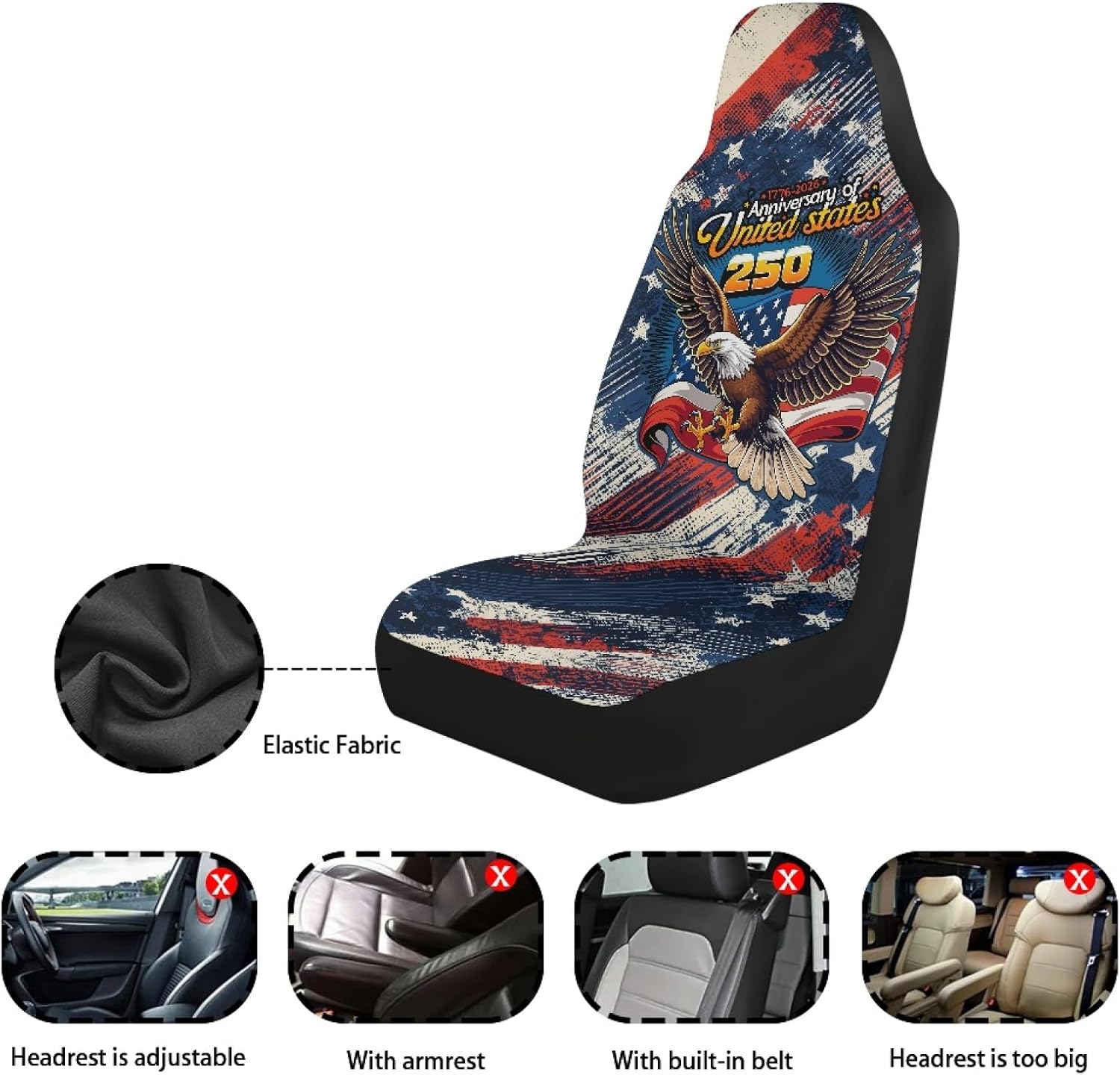 Bulopur American 250th Anniversary Car Seat Covers Front Seats Only Eagle Print Automotive Cushion Seat Covers Removable & Washable Polyester Auto Interior Accessories Set, 2 Pack