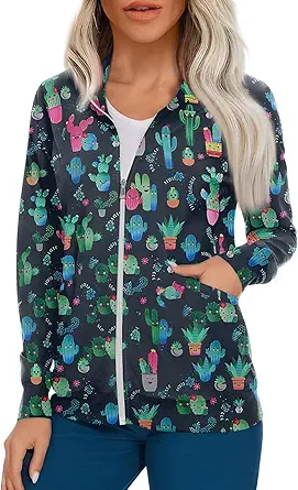 Scrub Jackets for Woman Zip Up Long Sleeve Tops Print Plus Size Womens Scrubs for Women Nursing Shirts with Pockets