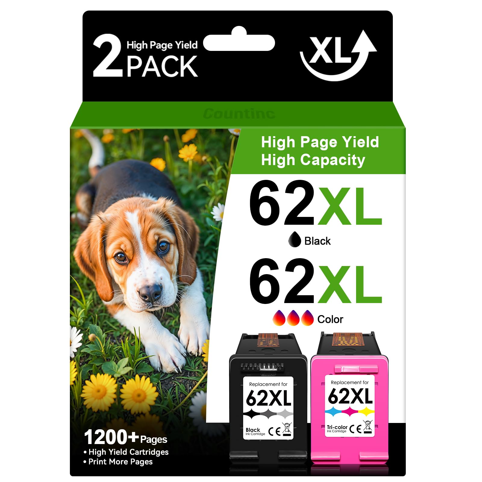 62XL Ink Cartridges Combo Pack Compatible for HP Ink 62 Replacement for HP 62 Ink HP62 HP62XL Fit for Envy 5660 7640 5540 5544 5545 5640 5664 7645 OfficeJet 200 250 5740 5746 Printer(2 Pack)