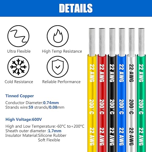 Miniatura 5 de Cable eléctrico de silicona calibre 22 Cable-HuLuWa 22 AWG Kit de cables de conexión de 6 colores (26.25 pies cada uno) alambre de cobre estañado