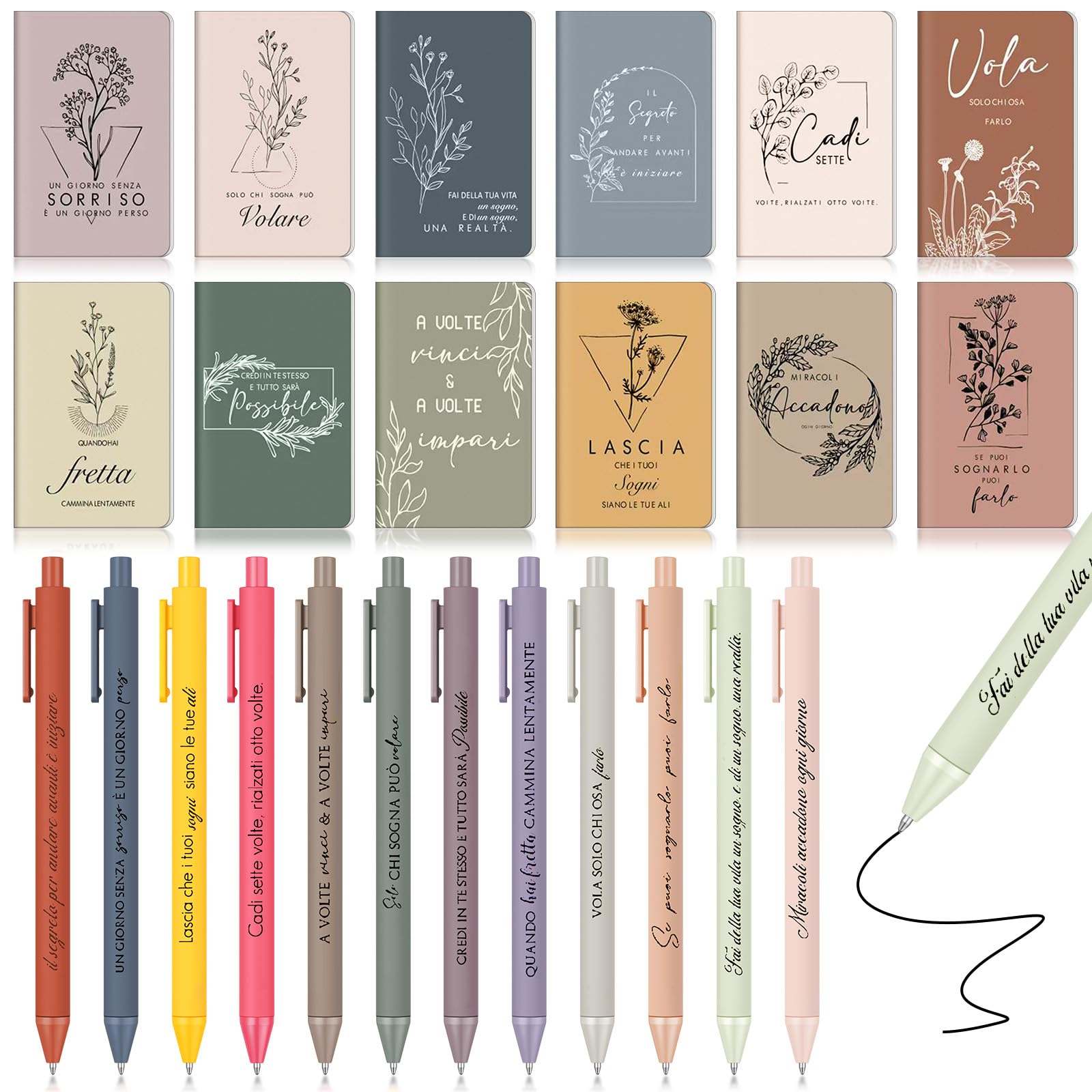 Sinmoe 24 Pezzi Regalo Motivazionale per Alunni Colleghi 12 Mini Taccuini 12 Penne con Frasi Motivazionali in Italiano Regali per Alunni Fine Quinta Colleghi Studenti Insegnanti, 12 Stili (Morandi)