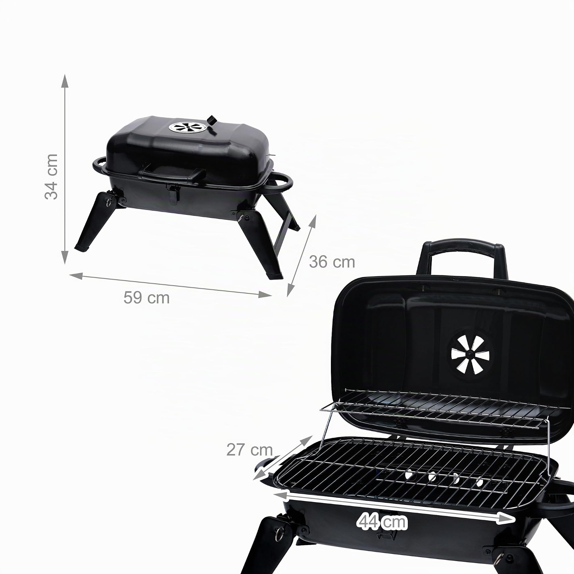 Relaxdays griglia tavolo pieghevole portatile 34x59x36 cm, acciaio nero | Scaldavivande, ventilazione, barbecue carbone