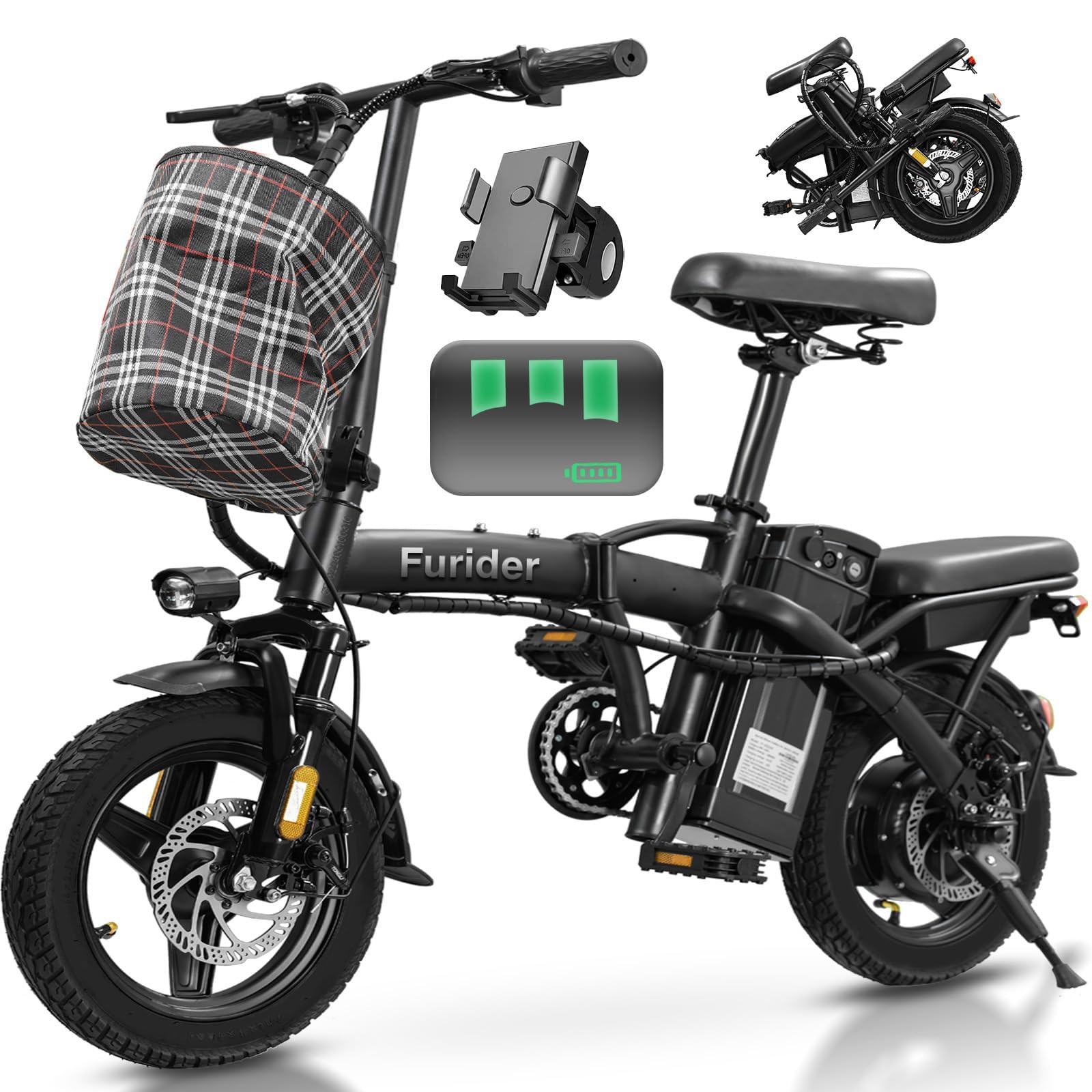 Heavy-Duty Foldable Electric Bike for Adults with 7-Shock Suspension, 500+ lbs Capacity, 740W Motor, 25MPH, 720Wh Battery, 20 Mile Range, 14“ Fat Tires Commuter Electric Bicycles for Road & Mountain