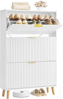VASAGLE MAXE Collection - Shoe Cabinet with 3 Pull-Out Drawers, Independent Narrow Shoe Rack, Hallway, Fluted Doors, 18-24 Pairs, Modern Mid Century, Cloud White HSC302WB02
