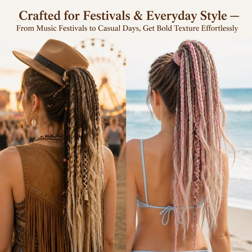 Extension de Cheveux Élastique Dreadlock Queue de Cheval Boho avec Perles, 22", Tresse Viking Effet Plage, Attache Facile en 1 Minute pour Festival & Quotidien(C)