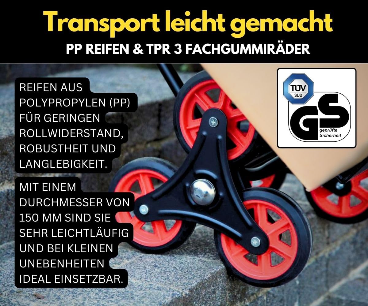 PROREGAL Klappbarer Profi-Treppensteiger Taurus 150kg TÜV Zertifiziert pannensichere Vollgummibereifung 110x45x61cm Rot-Schwarz Sackkarre Transportkarre Staplerkarre