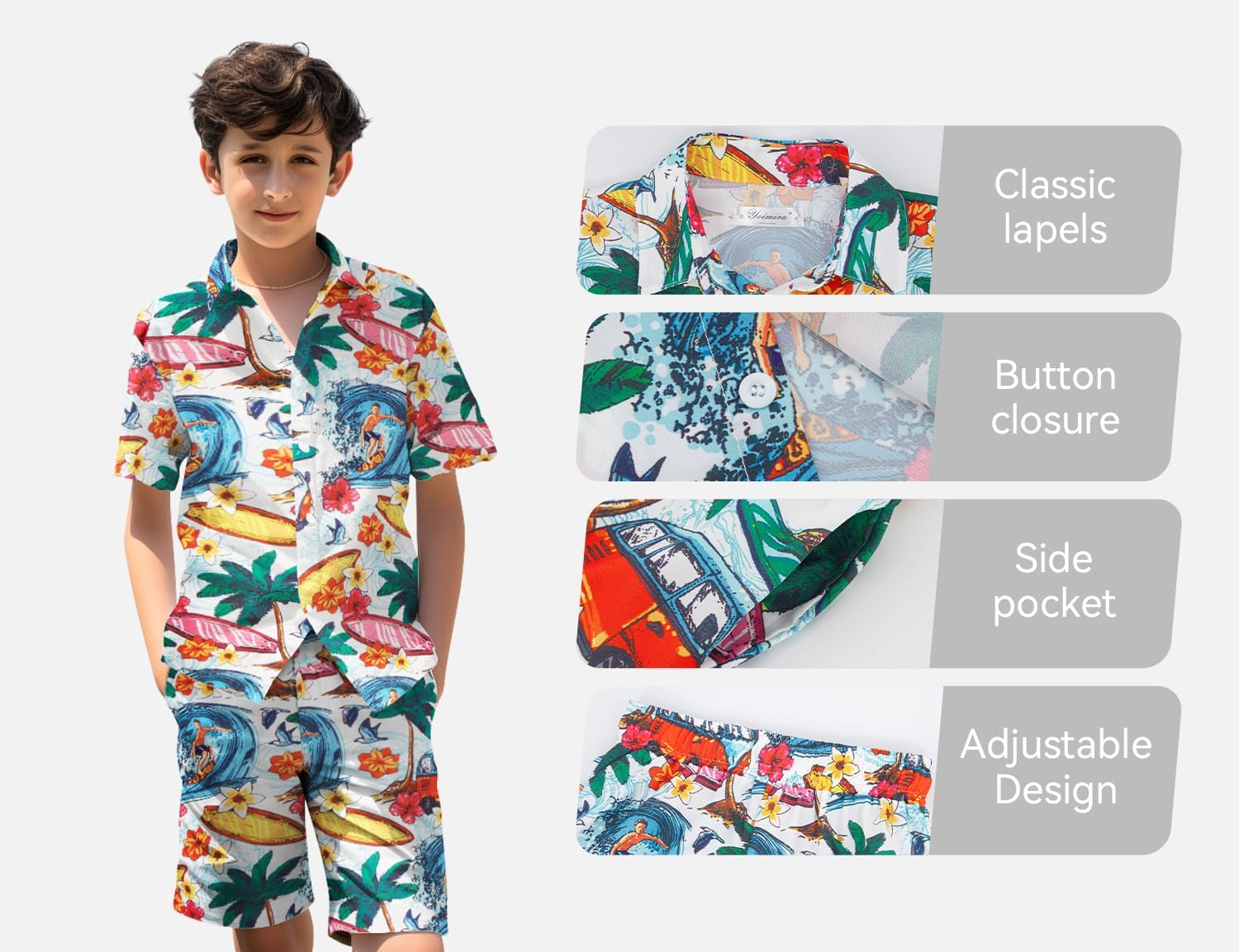 Yoimira Boys Hawaiian Shirt and Short Set Beach Shirts for Kids Printed Casual Outfit 2 Piece with Pocket 7-14 Years - Image 5