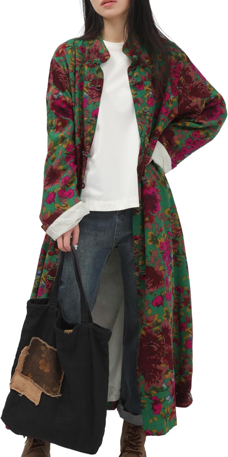 Women's Linen Trench Coat - Boho Jacket Floral Penny Lane Style with Cotton Lining