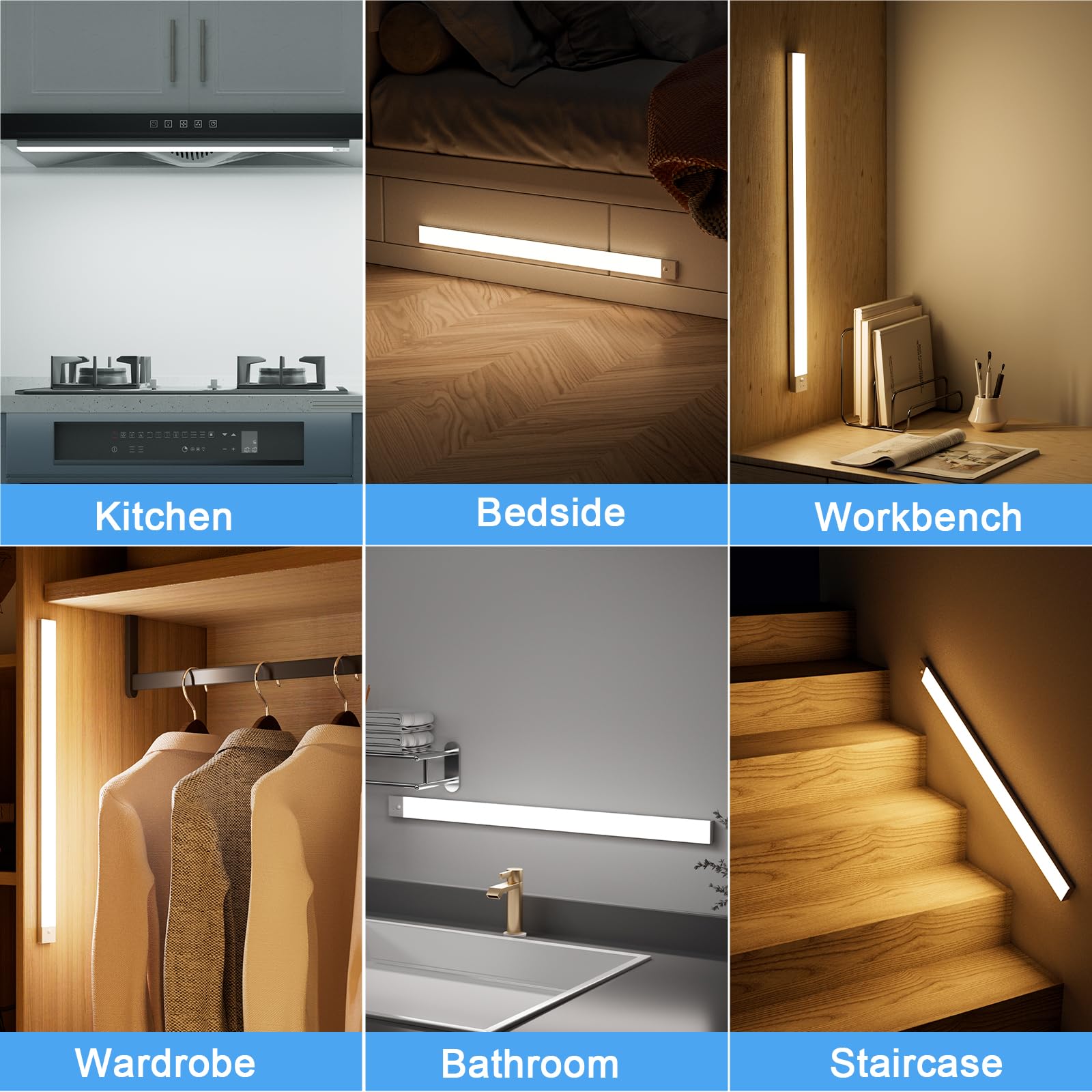 OUILA Luz LED para debajo de los armarios de cocina, 2 unidades de 60 cm, luz LED con sensor, 3000 K-6500 K regulable, 5000 mAh, 156 LED, luces LED con sensor para cocina, armario, escaleras, pasillo,