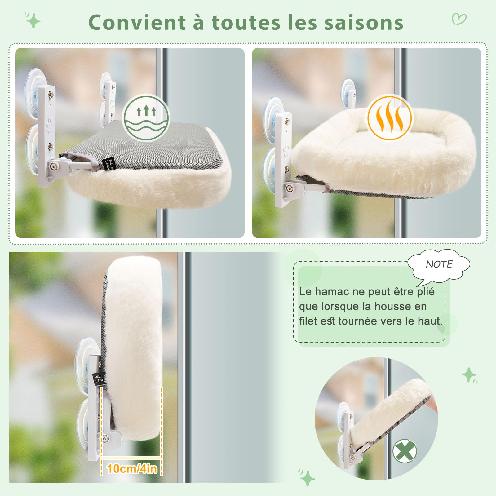 GUUSII HOME Hamac Chat Fenetre Perchoir Lit Fenêtre Panier Suspendu Etagere pour Grande Chats Pliable Transat Facile à Monter avec Ventouse Puissante Tapis Réversible 53 * 30cm Jusqu'à 18kg (Blanc, M)