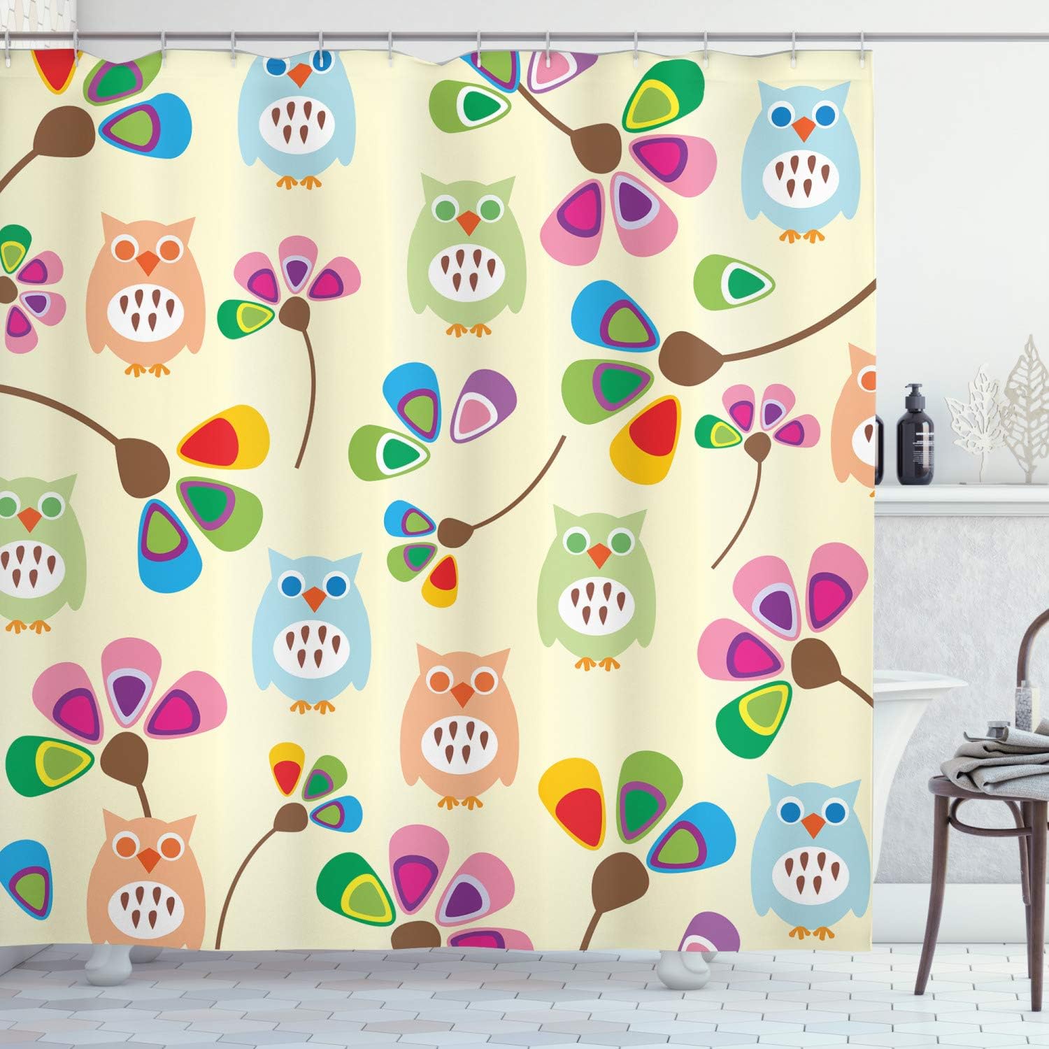 Ambesonne Cartoon Shower Curtain, Design Owls Flowers Leaves Branches Room Landscape Print, Cloth Fabric Bathroom Decor Set with Hooks, 69" W x 70" L, Pastel Beige