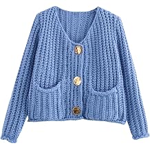 Womens Knit Cardigans Button Down Sweater Long Sleeve V Neck Chunky Cardigan Sweaters with Pockets