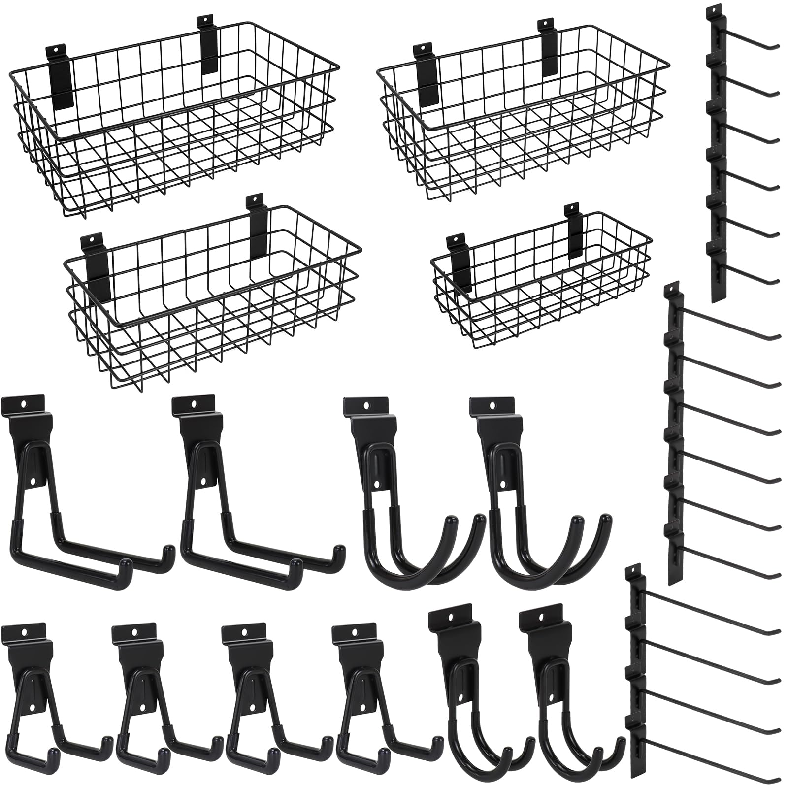 30PCS Slatwall Accessories Set, Includes 4 Pack Ventilated Metal Wire Slatwall Baskets and 26PCS Multisized Heavy Duty Slatwall Hooks for Garage Organization Rooms Workshop Storage