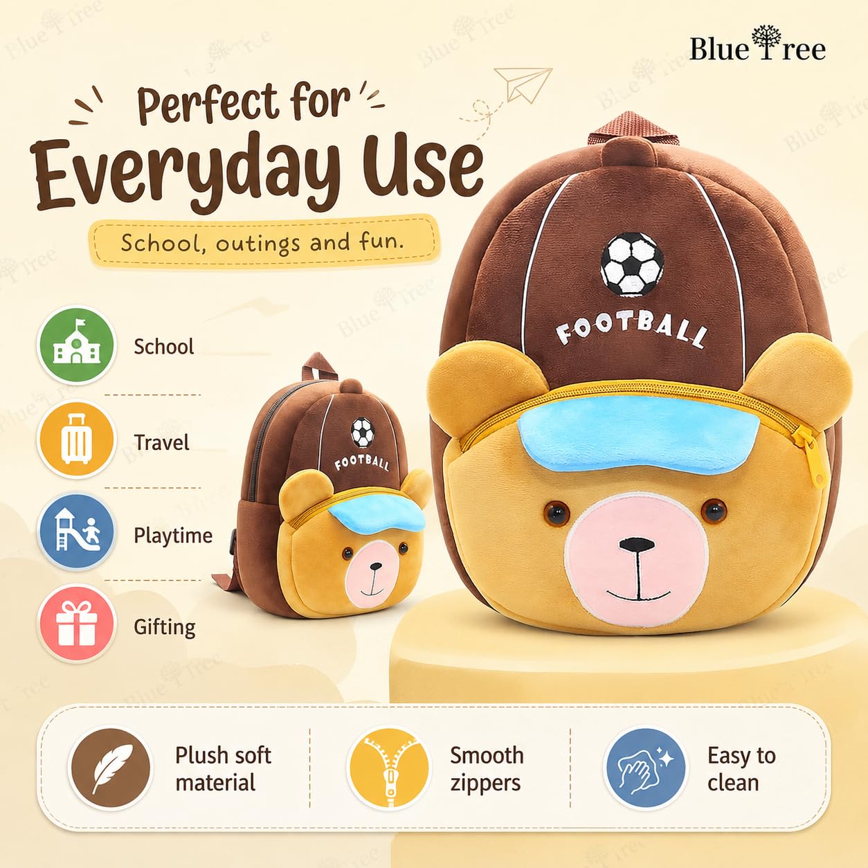 blue tree Cute Kids Backpack Toddler Bag Plush Animal Cartoon Mini Travel Bag for Baby Girl Boy 1-6 Years, Ideal for Gifting for Kids (Football Brown) 4