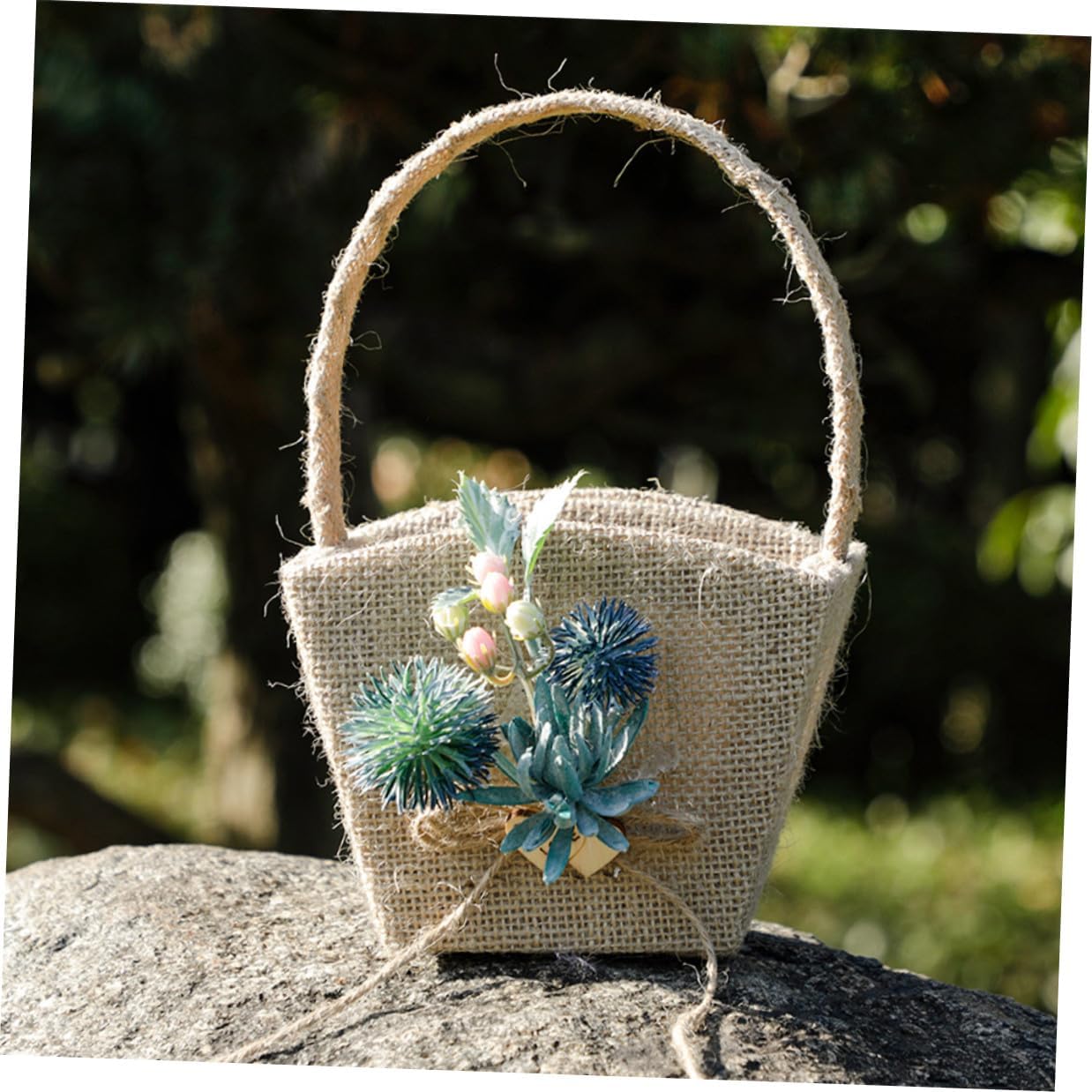 Wedding Bride Basket Handheld Burlap Flower Girl Basket with Pearl Handle for Ceremony and Party Supplies Green