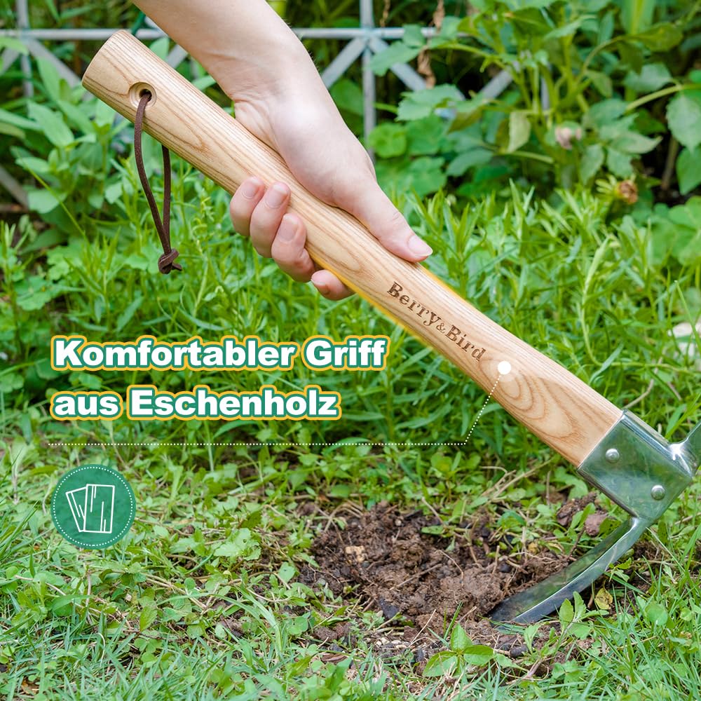 Berry&Bird Gartenhacke Pickel Hoe, Edelstahl-Spitzhacke, Hacke mit Holzgriff, Robustes Handhacke zum Umpflanzen, Graben, Pflanzen, Auflockern von Erde, Spitzhacken für Gartenarbeit, Camping