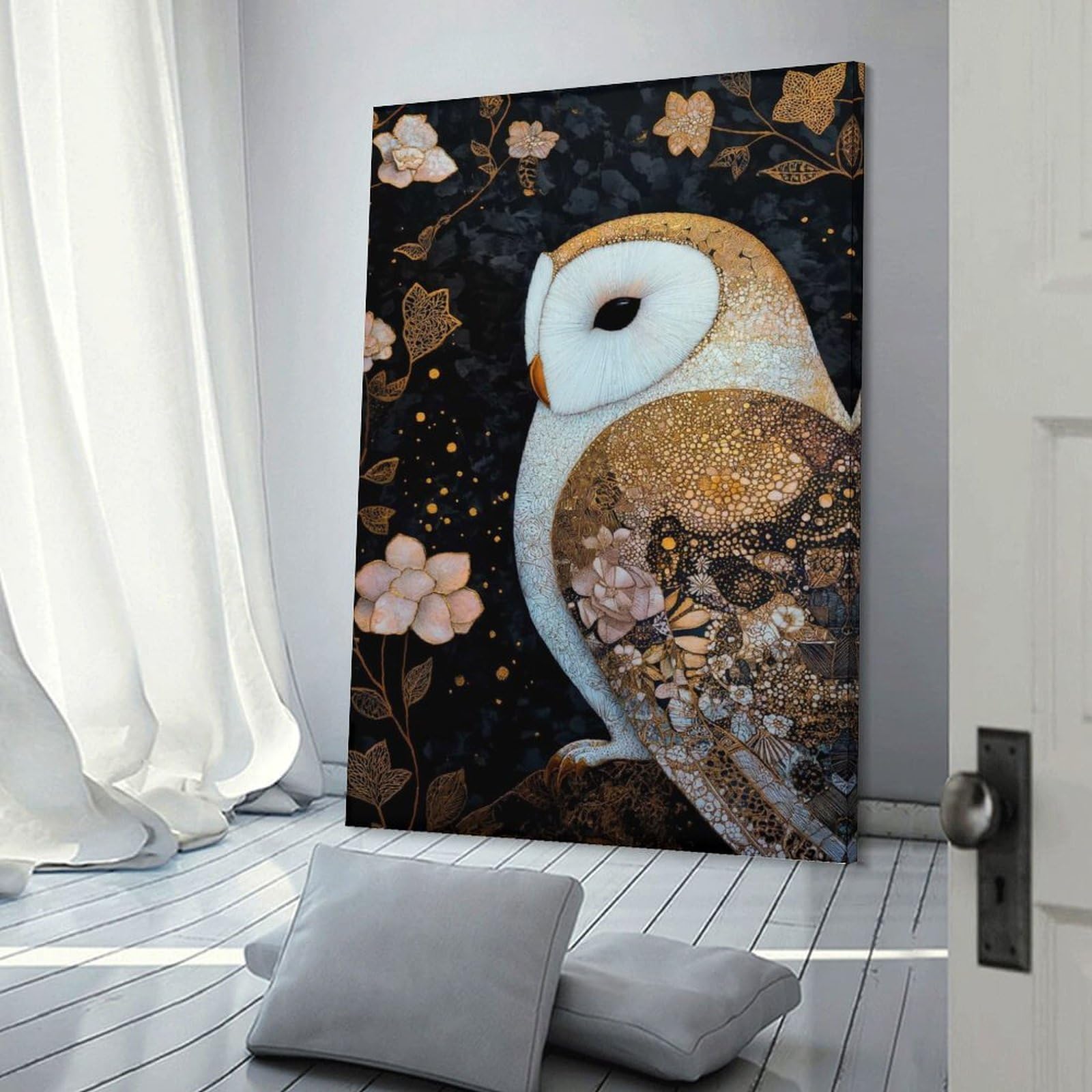 Junmoney Elegant Owl with Floral Accents Canvas Wall Decor, 16x24inch(40x60cm), for Office, Study Or Home Workspace, Wall Art That Adds Style to Work Areas