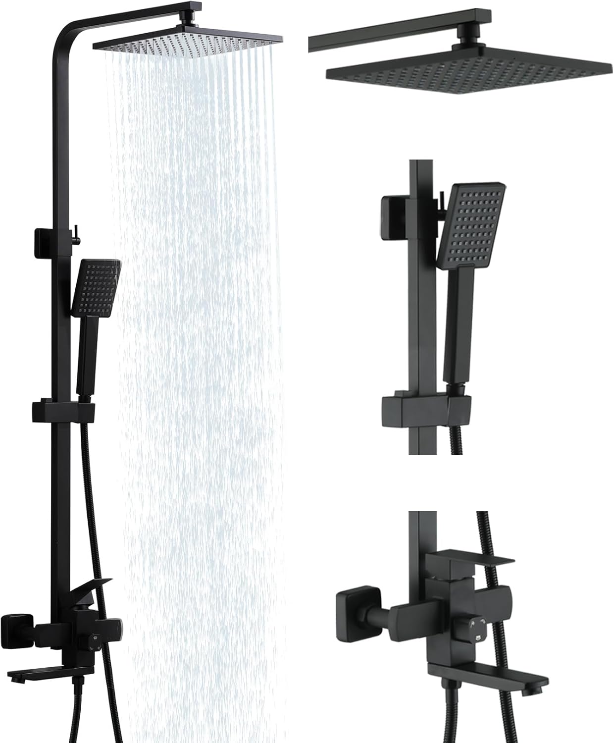 Taplong Matte Black Outdoor Shower Fixture Exposed Bathroom Shower Faucet Set,Shower System with 9" Rain Shower Head Handheld Sprayer Single Handle, SUS304 Triple Function Wall-Mounted Faucet