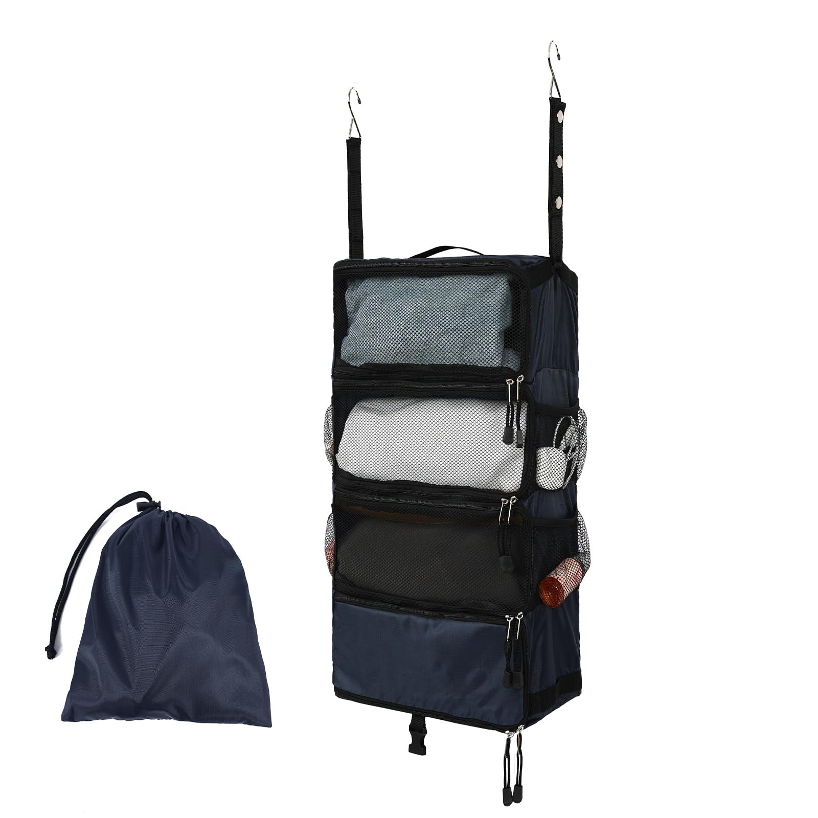 TABITORA Travel Luggage Organizer Hanging Packing Cubes Portable Hanging Shelves Carry on Closet for Suitcase with 2 Hooks,Collapsible(Navy,S)