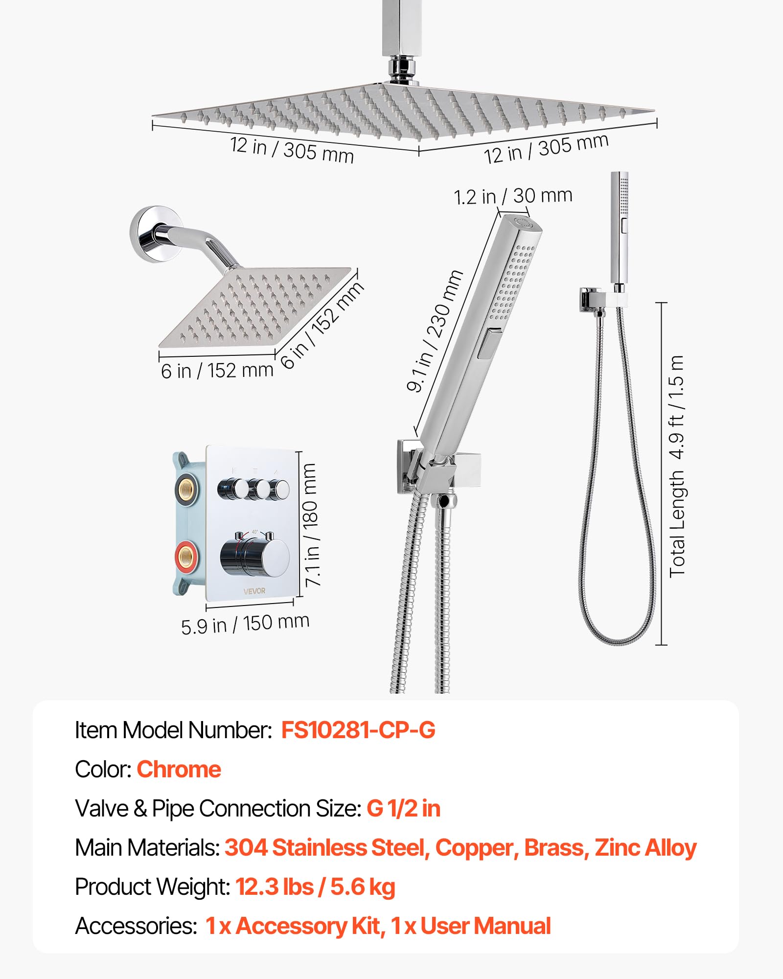 VEVOR Sistema de Grifería, con Ducha de Lluvia de 30 cm, Cabezal de Pared de 15 cm, Ducha de Mano 2 en 1, Cabezal de Lluvia Doble Giratorio 3 Funciones, Embellecedor de Latón, Termostato Cromado