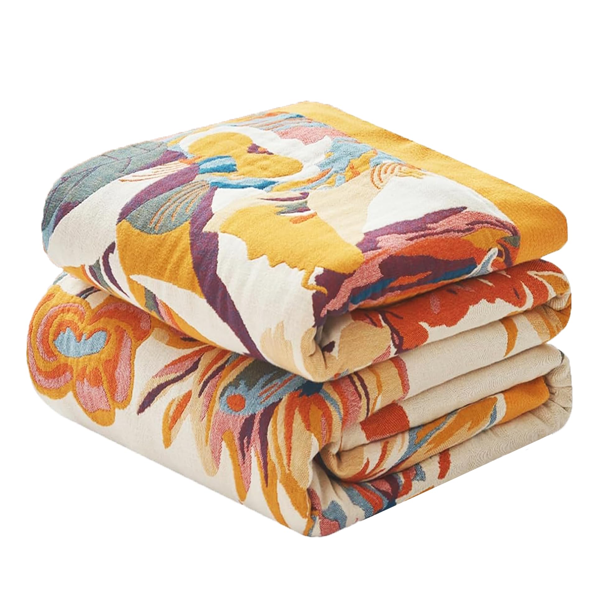 Boho Large Throw Blanket for Bed Couch, 100% Organic Cotton Soft Lightweight Throw-Floral Butterfly Decor Summer Blanket for Sofa Quilt and Gift, 60" x 80"-Beige