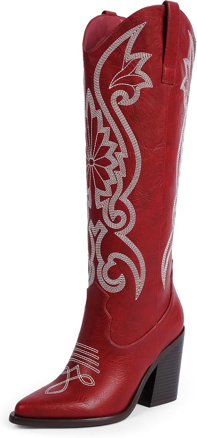 Modatope Knee High Cowboy Cowgirl Boots Embroidered Tall Western Boots for Women with Block Chunky Heel Pointed Toe and Slip on Design